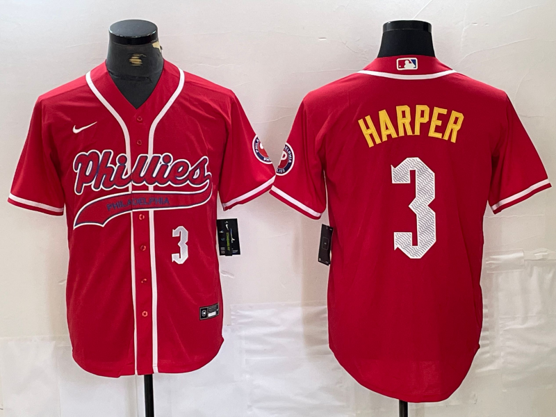 Men's Philadelphia Phillies #3 Bryce Harper Number Red Cool Base Stitched Baseball Jerseys