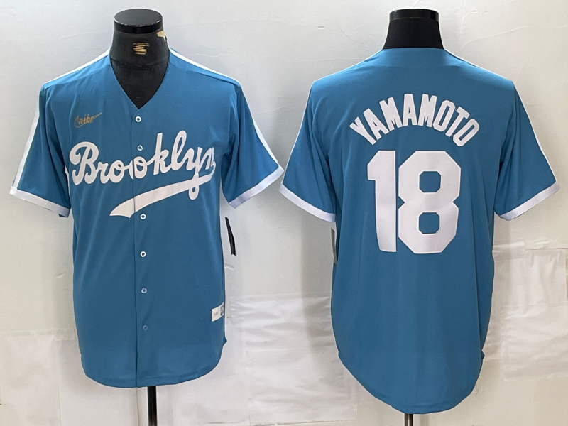 Men's Brooklyn Dodgers #18 Yoshinobu Yamamoto Light Blue Cooperstown Collection Cool Base Jersey