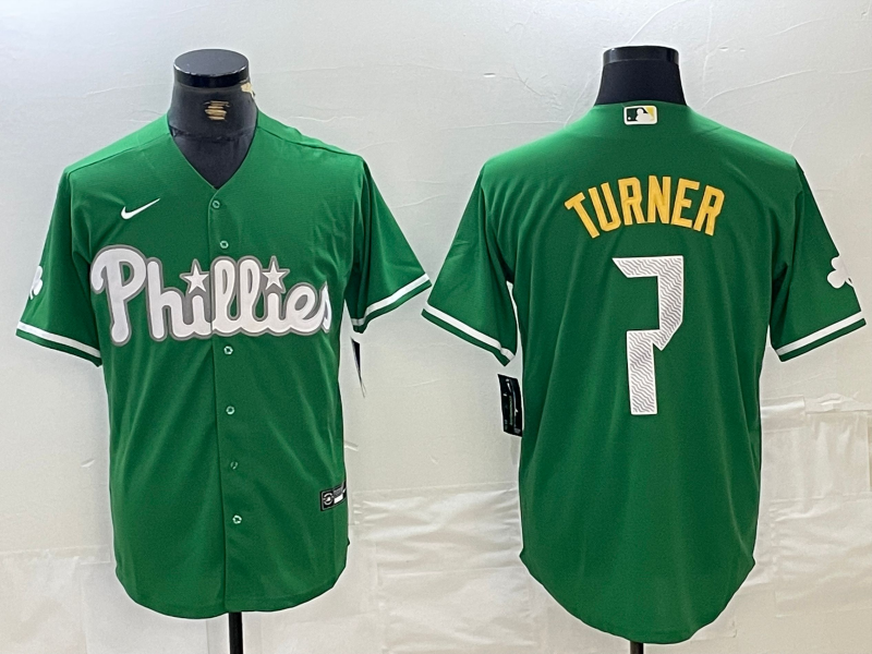 Men's Philadelphia Phillies #7 Trea Turner Kelly Green Cool Base Jersey