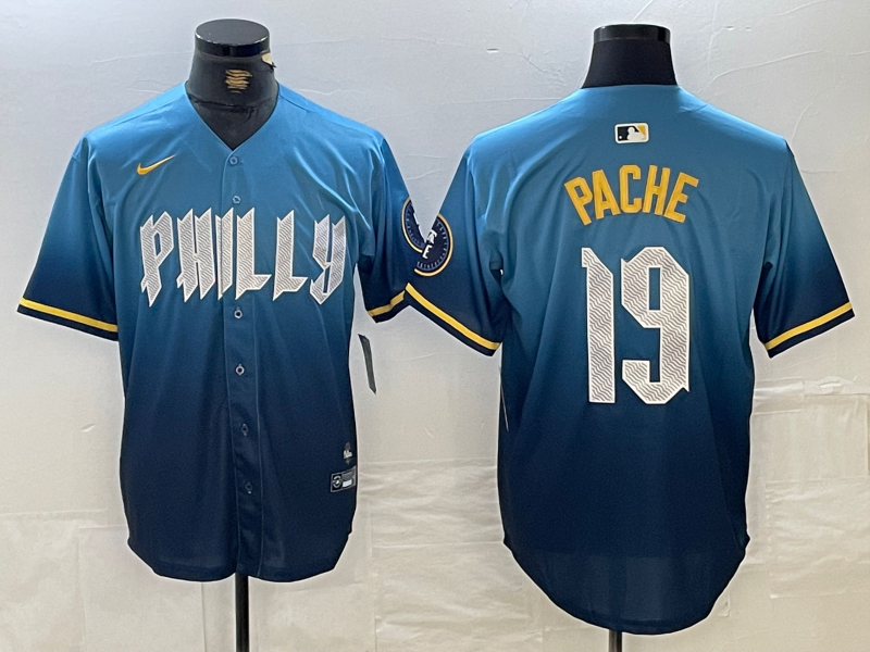 Men's Philadelphia Phillies #19 Cristian Pache Blue 2024 City Connect Limited Stitched Jersey