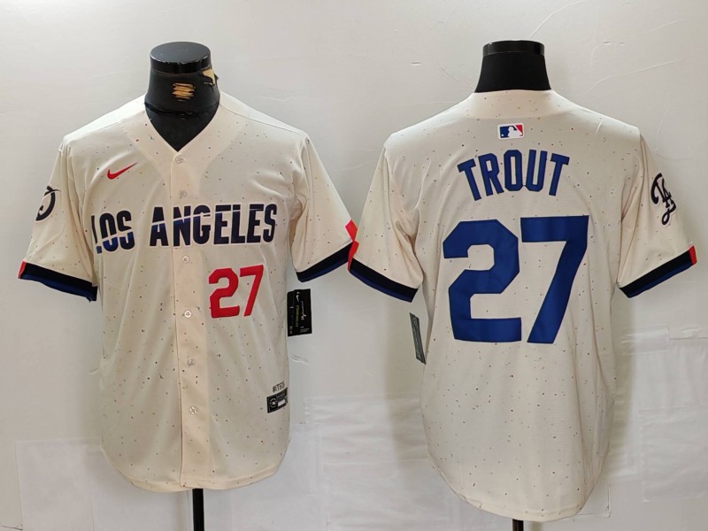 Men's Los Angeles Dodgers #27 Mike Trout Number Cream 2024 City Connect Limited Stitched Jerseys