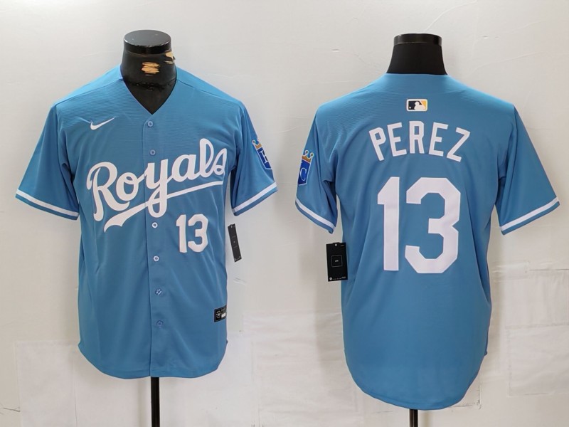 Men's Kansas City Royals #13 Salvador Perez Number Light Blue Cool Base Stitched Jersey