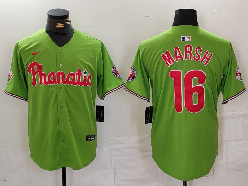 Men's Philadelphia Phillies #16 Brandon Marsh Green With Patch Stitched Cool Base Nike Jersey