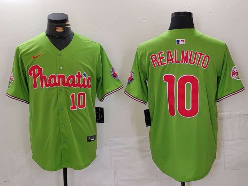 Men's Philadelphia Phillies #10 JT Realmuto Number Green With Patch Stitched Cool Base Nike Jersey