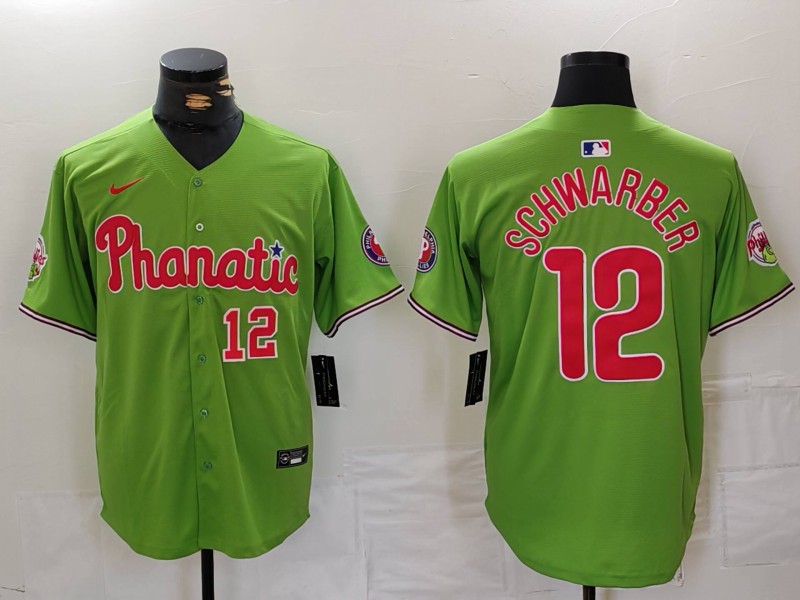 Men's Philadelphia Phillies #12 Kyle Schwarber Number Green With Patch Stitched Cool Base Nike Jersey