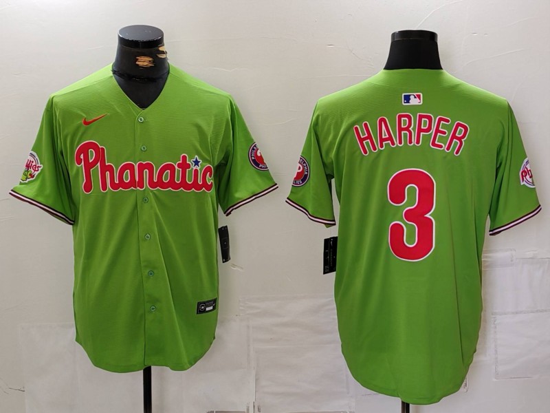 Men's Philadelphia Phillies #3 Bryce Harper Green With Patch Stitched Cool Base Nike Jersey