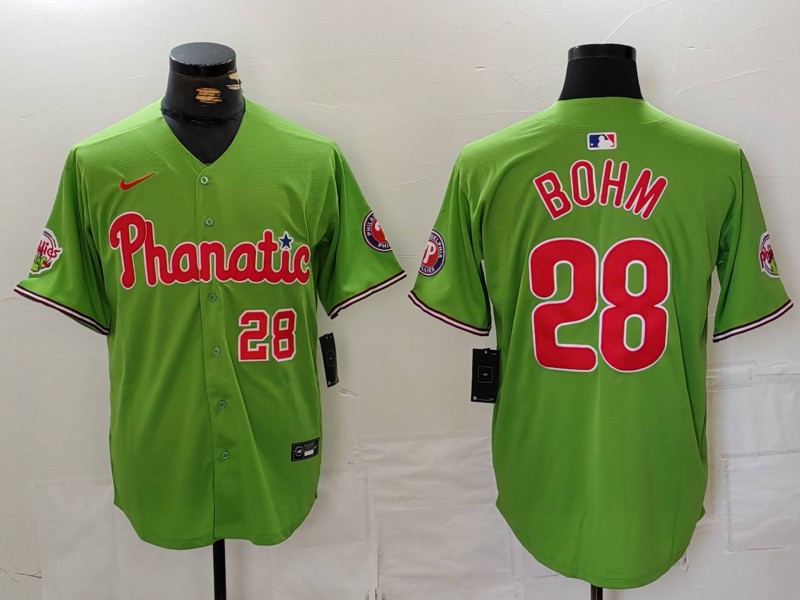 Men's Philadelphia Phillies #28 Alec Bohm Number Green With Patch Stitched Cool Base Nike Jersey