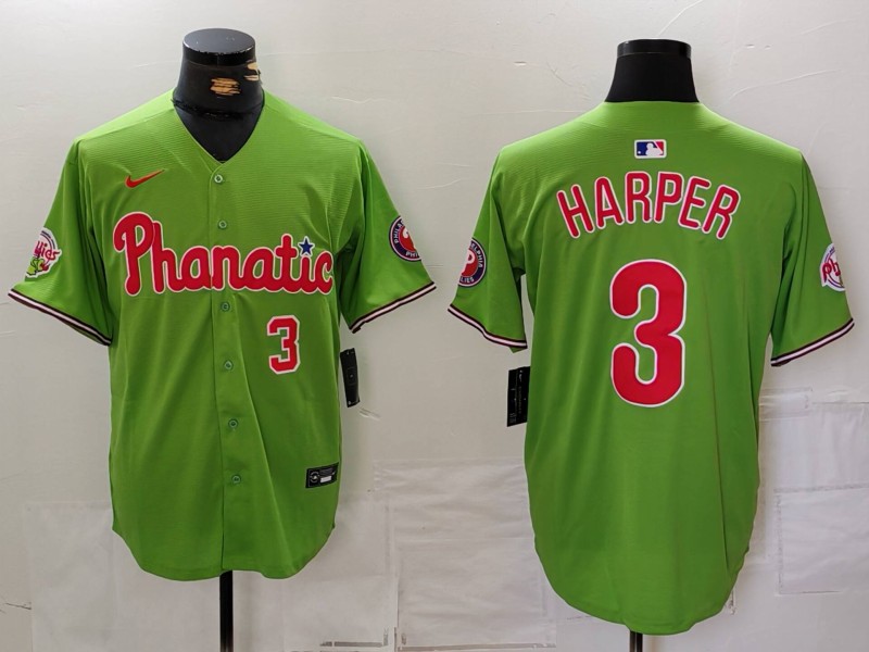 Men's Philadelphia Phillies #3 Bryce Harper Number Green With Patch Stitched Cool Base Nike Jersey