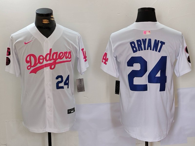 Men's Los Angeles Dodgers #24 Kobe Bryant White Pink Vin & Kobe Patch Stitched Baseball Jersey