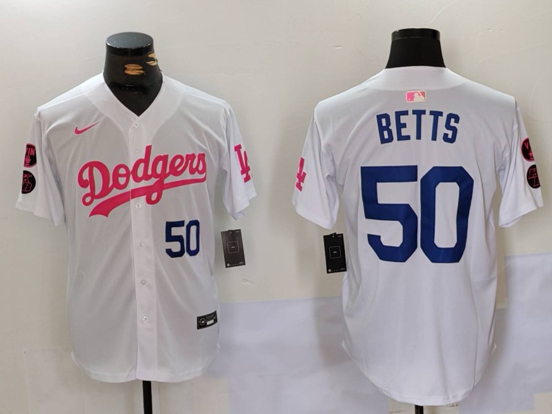 Men's Los Angeles Dodgers #50 Mookie Betts White Pink Vin & Kobe Patch Stitched Baseball Jerseys