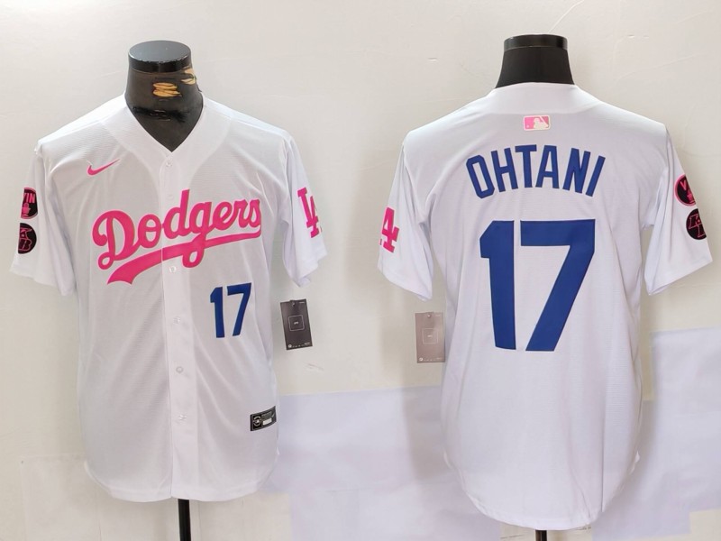 Men's Los Angeles Dodgers #17 Shohei Ohtani White Pink Vin & Kobe Patch Stitched Baseball Jersey1