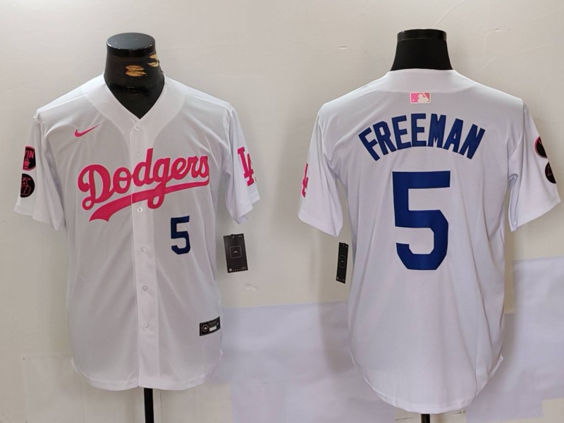 Men's Los Angeles Dodgers #5 Freddie Freeman White Pink Vin & Kobe Patch Stitched Baseball Jersey1