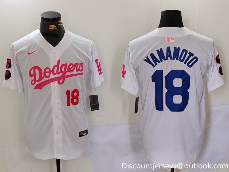 Men's Los Angeles Dodgers #18 Yoshinobu Yamamoto White Pink Vin & Kobe Patch Stitched Baseball Jersey1