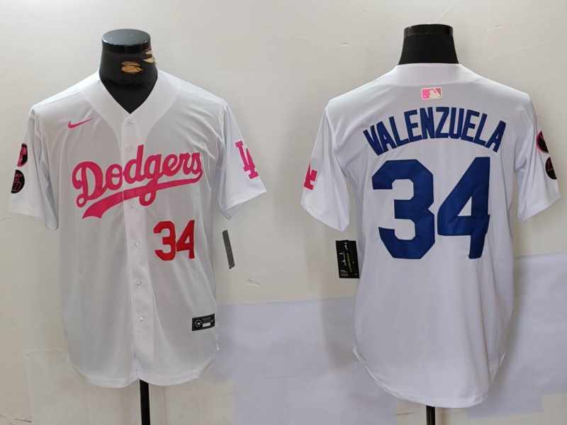 Men's Los Angeles Dodgers #34 Fernando Valenzuela White Pink Vin & Kobe Patch Stitched Baseball Jersey1