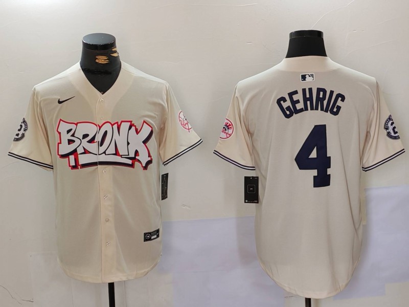 Men's New York Yankees #4 Lou Gehrig Cream Limited Stitched Baseball Jersey