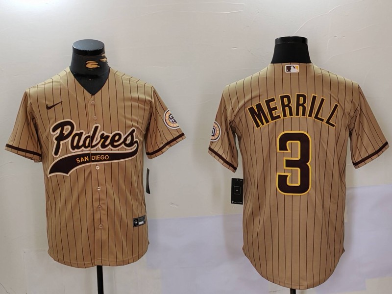 Men's San Diego Padres #3 Jackson Merrill Tan 2023 Cool Base Stitched Jersey