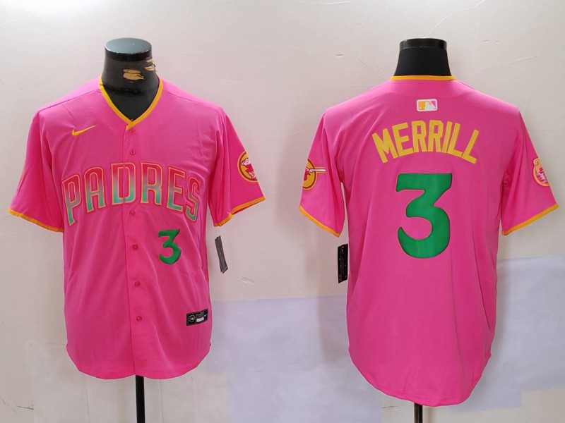 Men's San Diego Padres #3 Jackson Merrill Pink Player Number Fashion Baseball Jersey