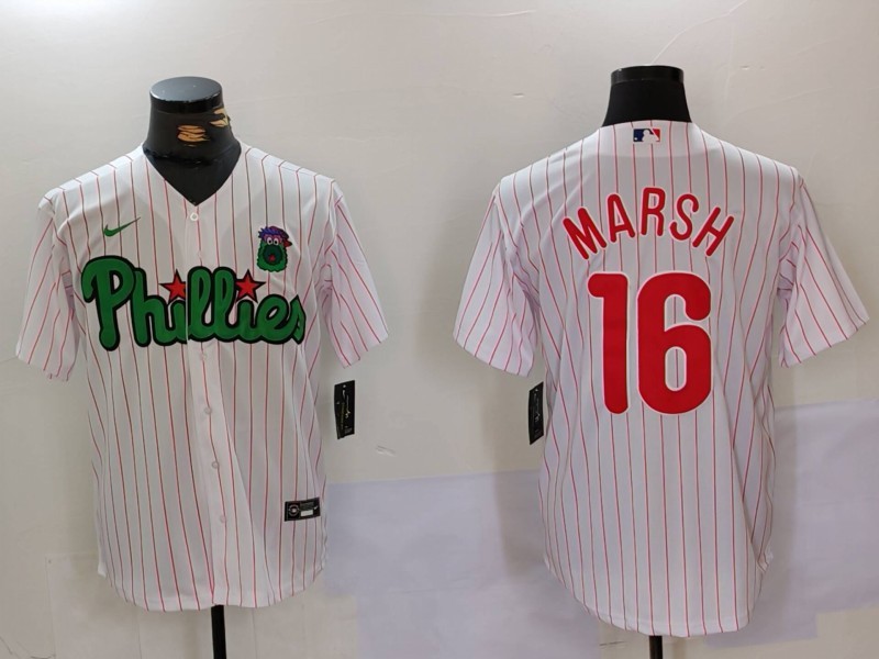 Men's Philadelphia Phillies #16 Brandon Marsh White Green Cool Base Stitched Jersey