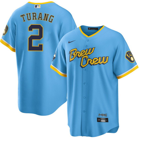 Men's Milwaukee Brewers #2 Brice Turang Blue 2022 City Connect Cool Base Stitched Jersey