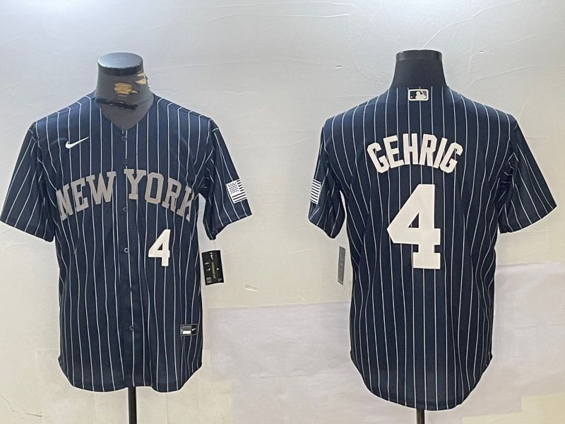 Mens New York Yankees #4 Lou Gehrig Navy Pinstripe Fashion Cool Base Jersey