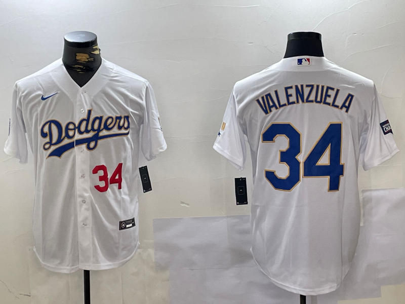 Men's Los Angeles Dodgers #34 Fernando Valenzuela Number White Gold Championship Stitched Cool Base Nike Jersey