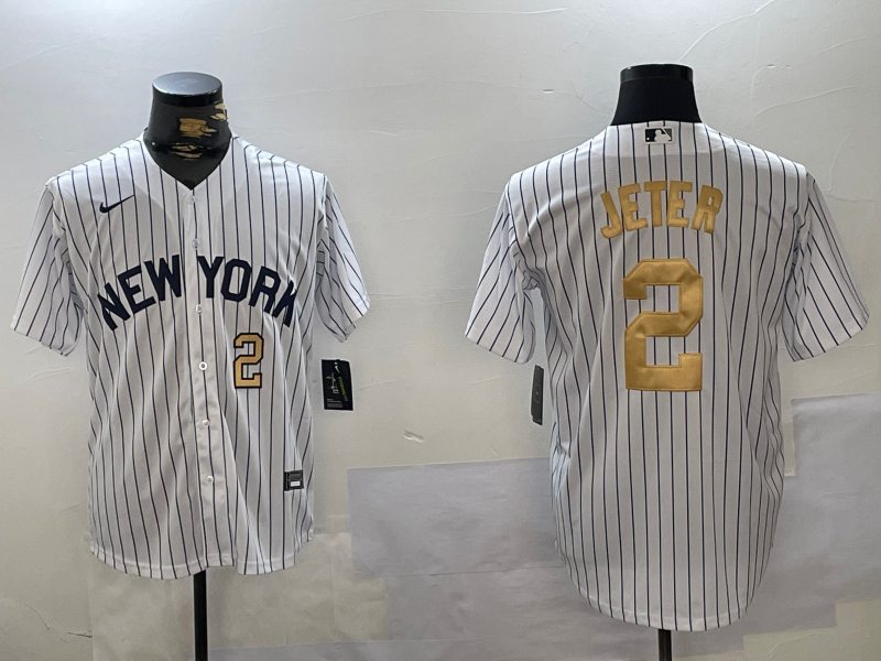 Men's New York Yankees #2 Derek Jeter White Pinstripe Fashion Cool Base Jerseys