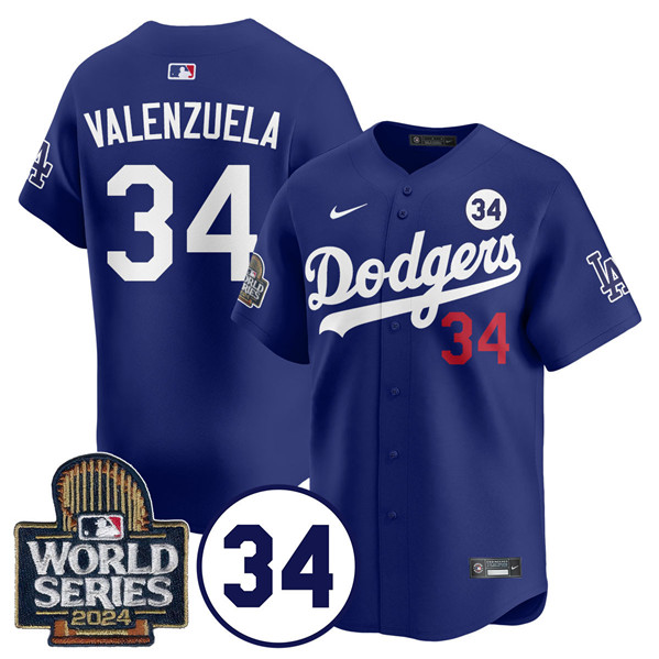 Men's Los Angeles Dodgers #34 Toro Valenzuela Royal 2024 World Series With No. 34 Patch Cool Base Stitched Baseball Jersey