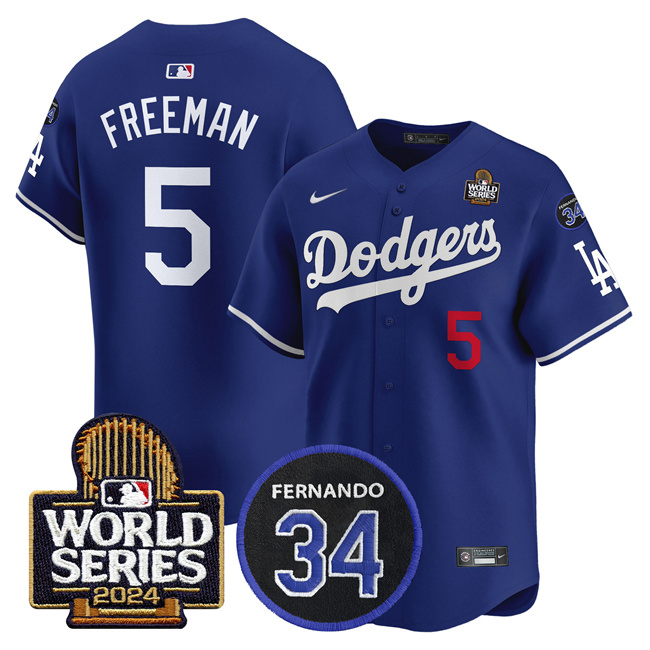 Men's Los Angeles Dodgers #5 Freddie Freeman Royal 2024 World Series With Fernando Memorial Patch Limited Stitched Baseball Jersey