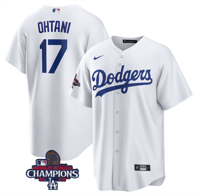 Men's Los Angeles Dodgers #17 Shohei Ohtani White 2024 World Series Champions Cool Base Stitched Baseball Jersey