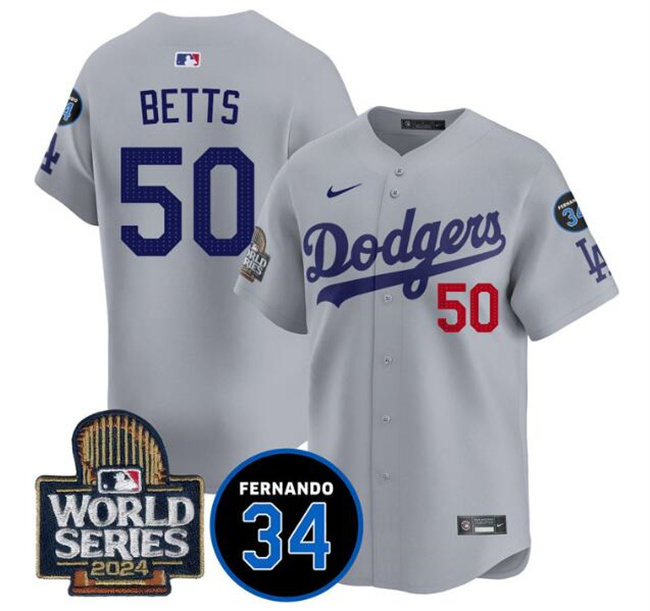 Men's Los Angeles Dodgers #50 Mookie Betts Grey 2024 World Series With Fernando Memorial Patch Limited Stitched Baseball Jersey