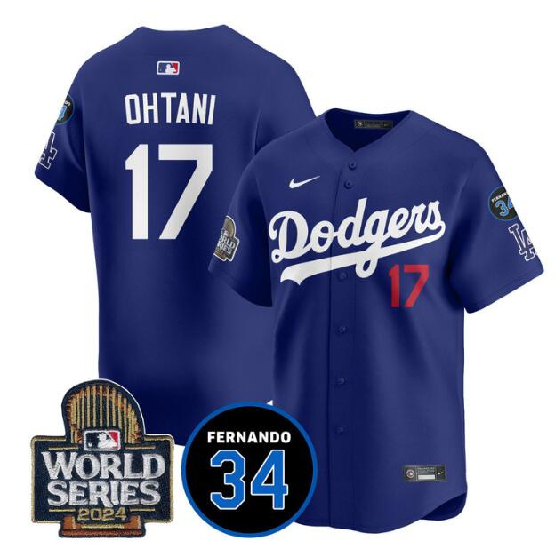 Men's Los Angeles Dodgers #17 Shohei Ohtani Royal 2024 World Series With Fernando Memorial Patch Limited Stitched Baseball Jersey