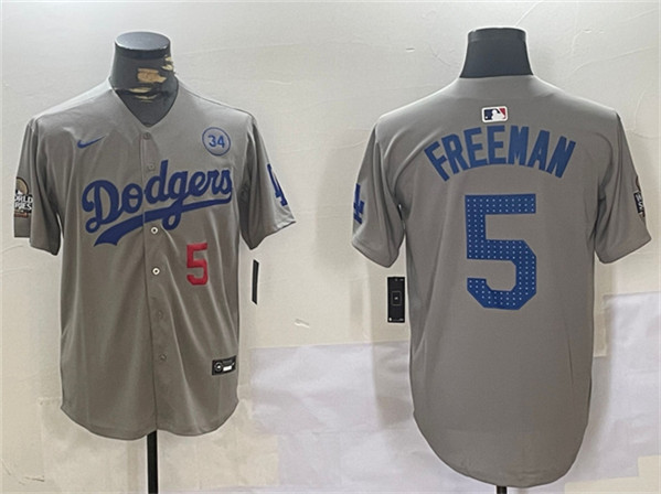 Men's Los Angeles Dodgers #5 Freddie Freeman Gray 2024 World Series With No. 34 Patch Limited Stitched Baseball Jersey