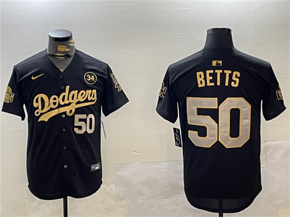 Men's Los Angeles Dodgers #50 Mookie Betts Black Gold 2024 World Series With No. 34 Patch Limited Stitched Baseball Jersey