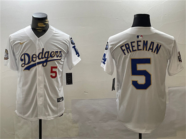 Men's Los Angeles Dodgers #5 Freddie Freeman White Gold 2024 World Series With Fernando Memorial Patch Home Limited Stitched Baseball Jersey