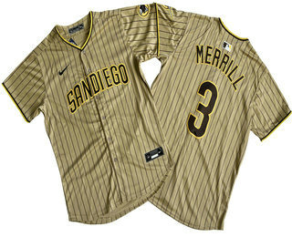 Men's San Diego Padres #3 Jackson Merrill Khaki Pinstripe Limited Stitched Jersey