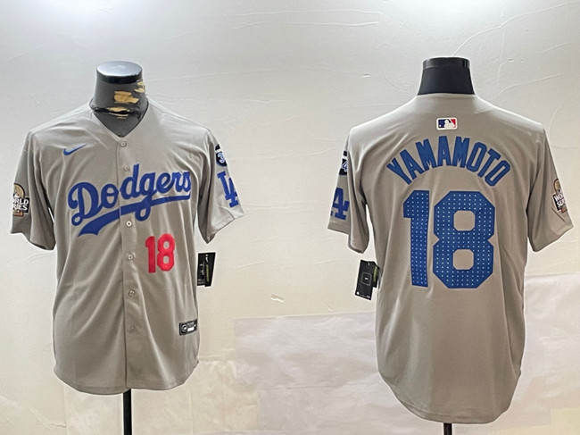 Men's Los Angeles Dodgers #18 Yoshinobu Yamamoto Grey 2024 World Series With Fernando Memorial Patch Limited Stitched Baseball Jersey