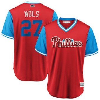 Men's Philadelphia Phillies 27 Aaron Nola Nols Majestic Scarlet 2018 Players' Weekend Cool Base Jersey