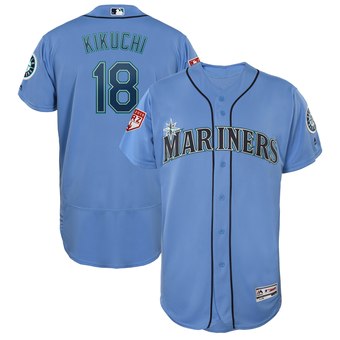 Men's Seattle Mariners 18 Yusei Kikuchi Majestic Light Blue 2019 Spring Training Flex Base Player Jersey