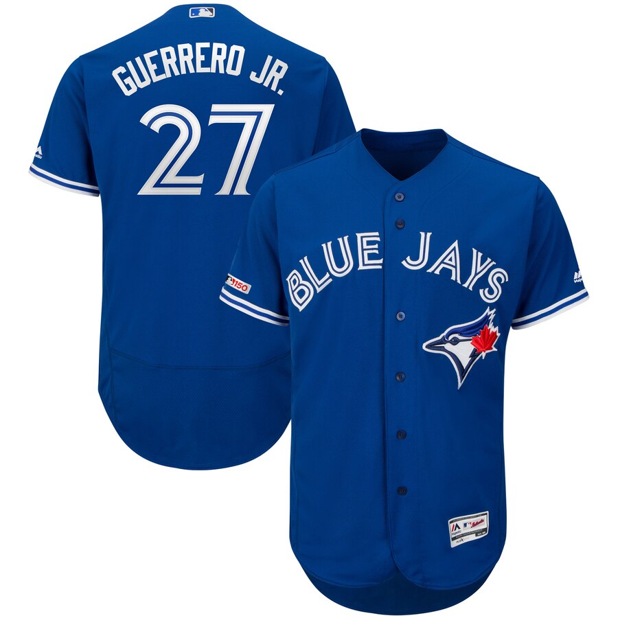 Men's Toronto Blue Jays 27 Vladimir Guerrero Jr. Royal 150th Patch Flexbase Jersey