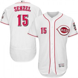 Cincinnati Reds #15 Nick Senzel Men's Authentic Majestic Flex Base Home Collection White Jersey