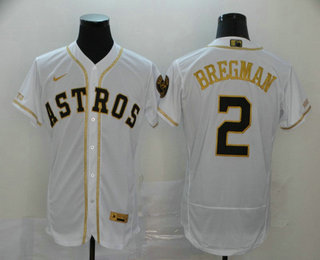 Men's Houston Astros #2 Alex Bregman White With Gold Stitched MLB Flex Base Nike Jersey