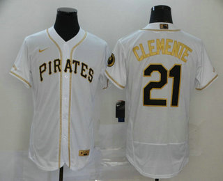 Men's Pittsburgh Pirates #21 Roberto Clemente White With Gold Stitched MLB Flex Base Nike Jersey