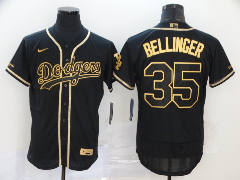 Men's Los Angeles Dodgers #35 Cody Bellinger Black With Gold Stitched MLB Flex Base Nike Jersey