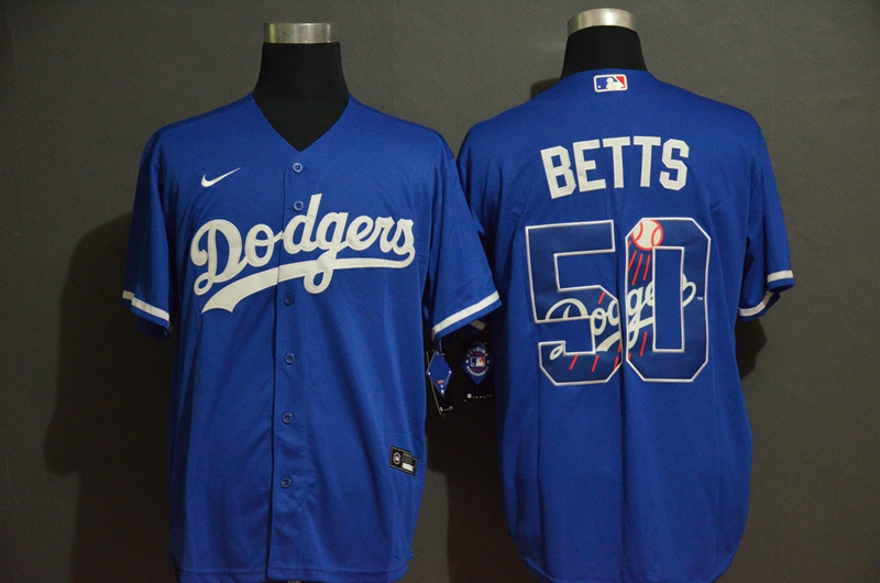 Men's Los Angeles Dodgers #50 Mookie Betts Blue Team Logo Stitched MLB Cool Base Nike Jersey