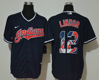 Men's Cleveland Indians #12 Francisco Lindor Navy Blue Team Logo Stitched MLB Cool Base Nike Jersey