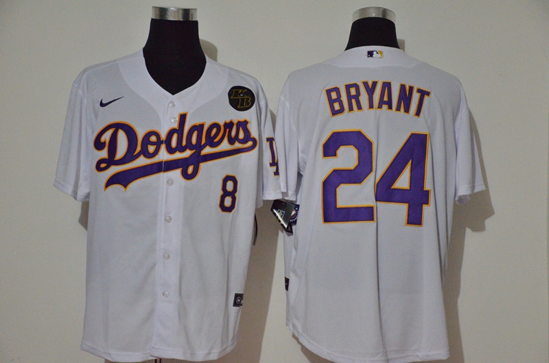 Men's Los Angeles Dodgers #24 Kobe Bryant White KB Patch Stitched MLB Cool Base Nike Jersey With front Number 8