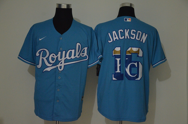 Men's Kansas City Royals #16 Bo Jackson Light Blue Team Logo Stitched MLB Cool Base Nike Jersey