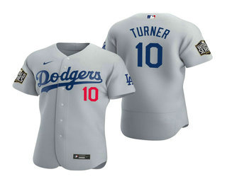 Men's Los Angeles Dodgers #10 Justin Turner Gray 2020 World Series Authentic Flex Nike Jersey