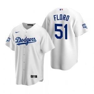 Men’s Los Angeles Dodgers #51 Dylan Floro White 2020 World Series Champions Replica Jersey