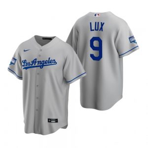 Men’s Los Angeles Dodgers #9 Gavin Lux Gray 2020 World Series Champions Road Replica Jersey